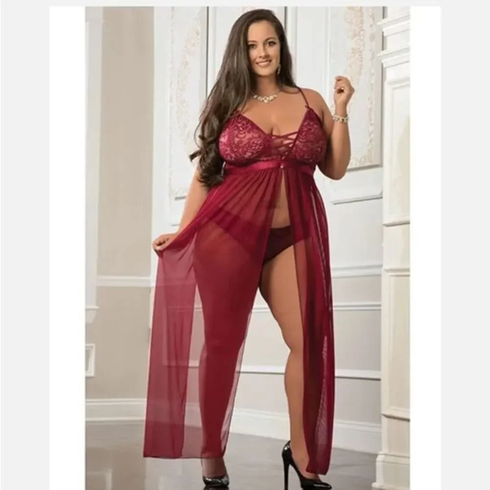 2 Pc Empire Waist Laced Sheer Long Dress and Panty - Mulled Wine